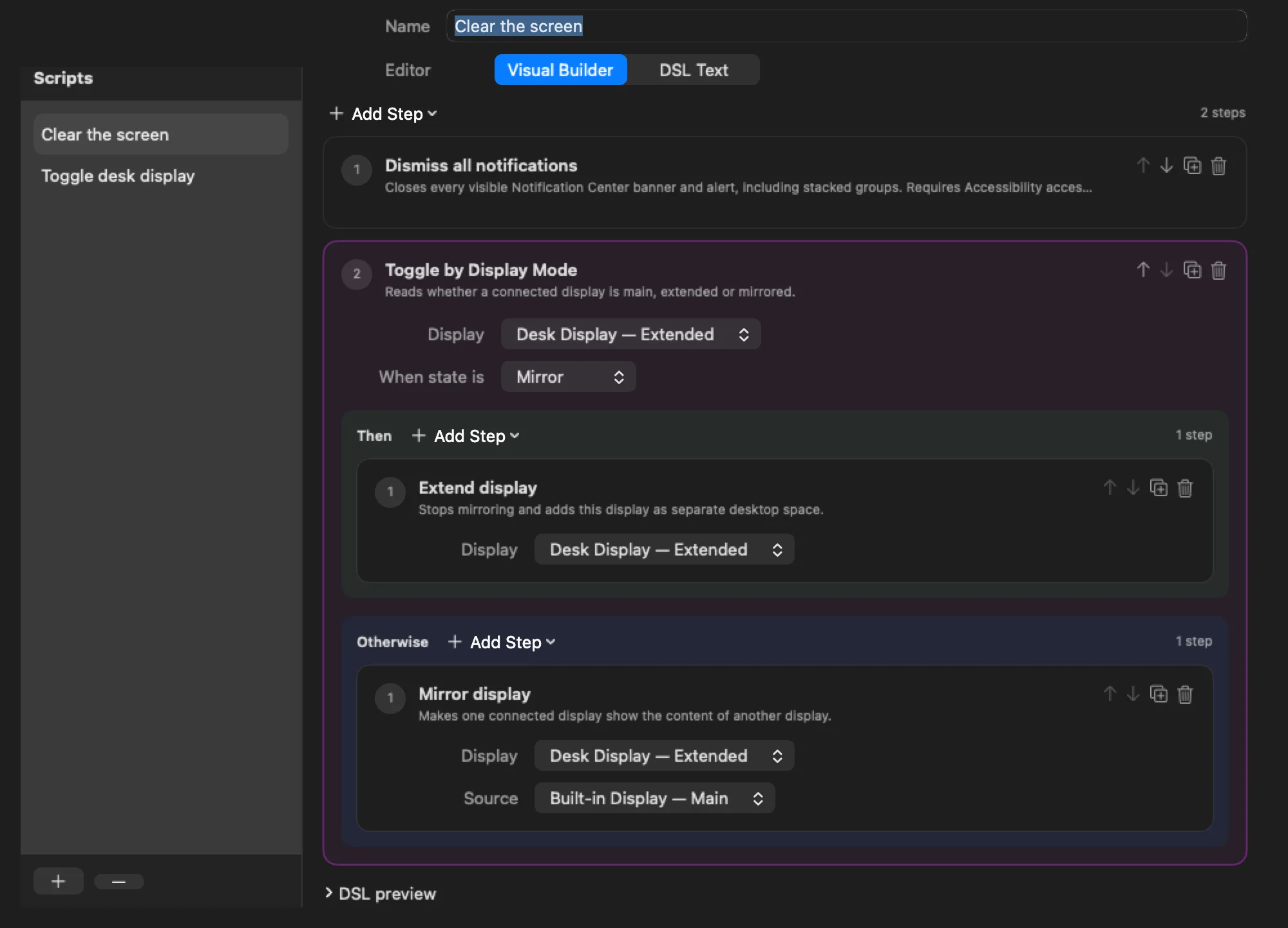 The visual builder with a two-step script: dismiss all notifications, then toggle a desk display by its live mode