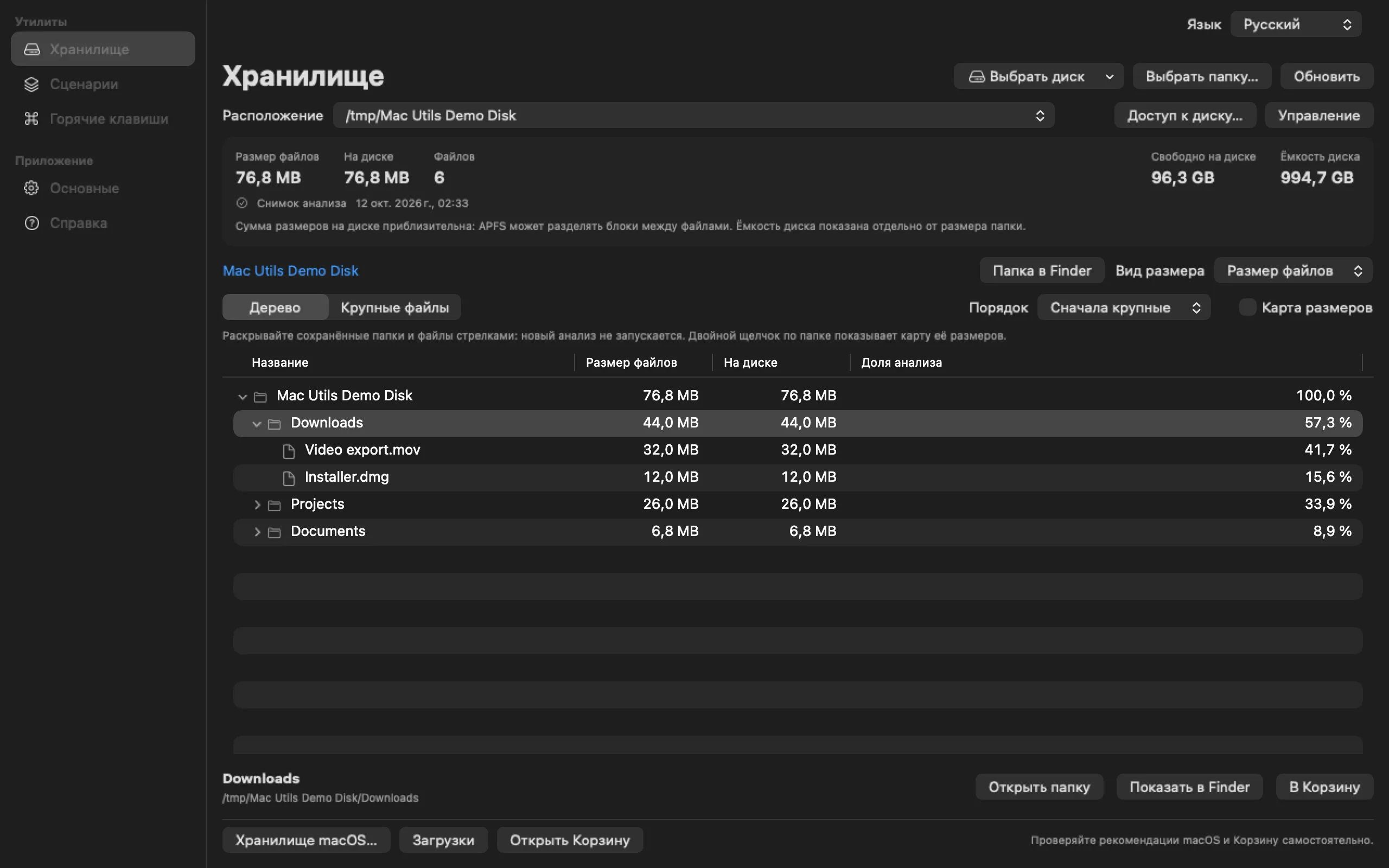 Анализ временной демонстрационной папки: Downloads раскрыта, папки отсортированы от больших к маленьким